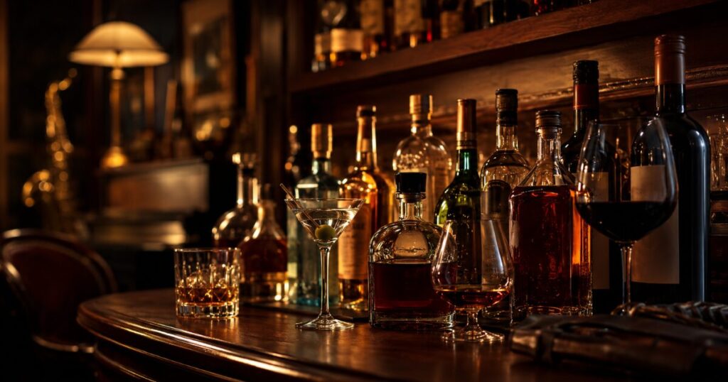 醸造酒・蒸留酒・混成酒のボトルが並ぶバー棚