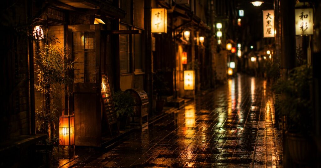 麻布十番の夜の路地と灯る小さなバーの看板
