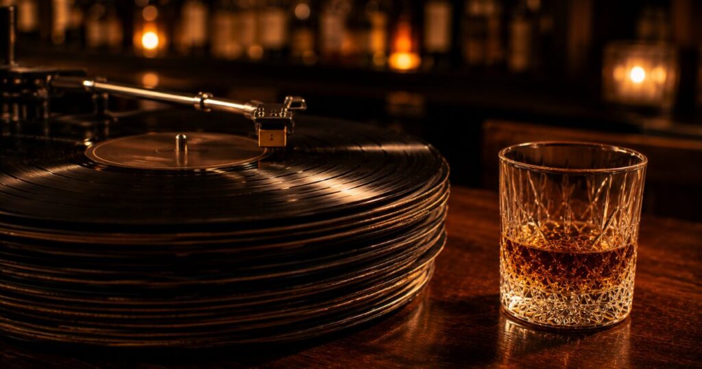 ジャズLPレコードとターンテーブルの夜の聴く時間