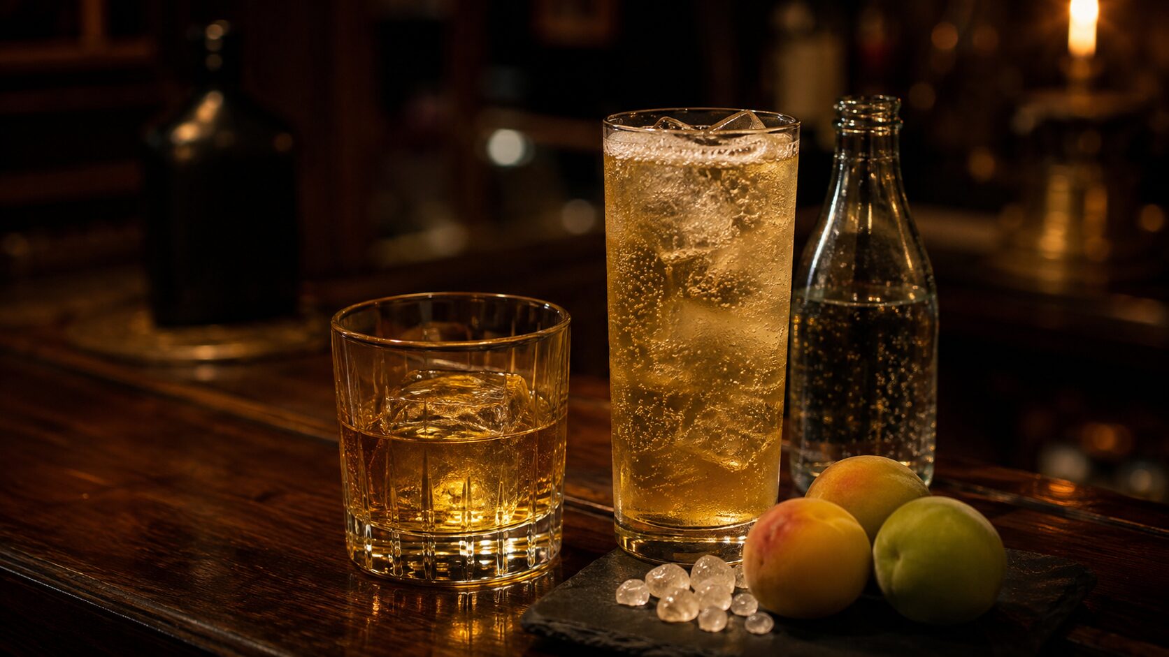 ロックとソーダ割りを並べた梅酒のグラス(梅酒の飲み方のイメージ)