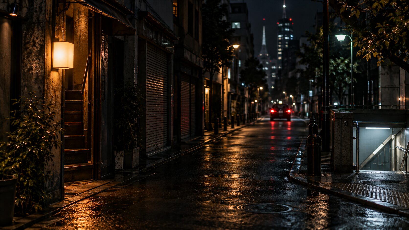 深夜の麻布十番の路地。商店街のシャッターは下り、人影のない通りに、上階のバーへ続く細い階段の脇で文字のない看板だけが暖色に灯っている。濡れたアスファルトがその明かりを映し、通りの奥にはタクシーの赤いテールランプ、角には地下鉄入口の手すりが冷たく光る