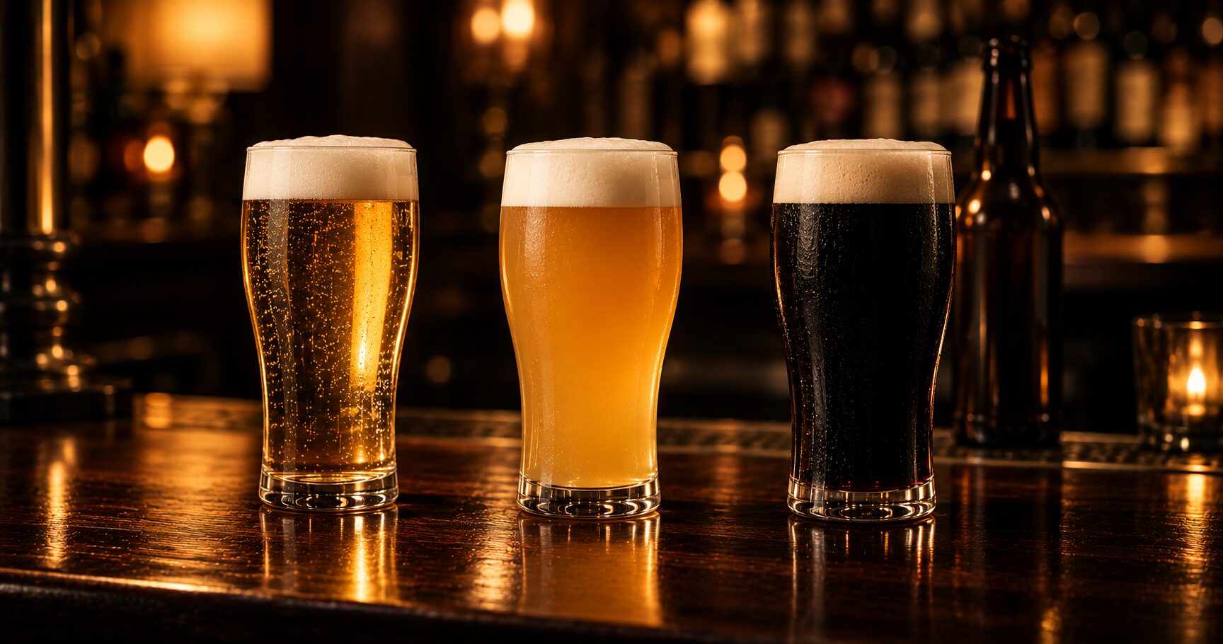 暗い木製のバーカウンターに並ぶ3杯のクラフトビール。左から淡い黄金色、白濁した小麦色、ほぼ黒に近い濃色で、いずれもきめ細かい白い泡が立っている。背後にはラベルのない茶色の瓶がぼやけて写る