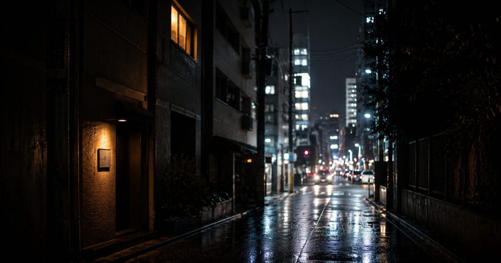 大通りの光を背に静まり返った西麻布の路地と、雑居ビルの上階だけに灯る琥珀色の窓（西麻布のバーの選び方のイメージ）