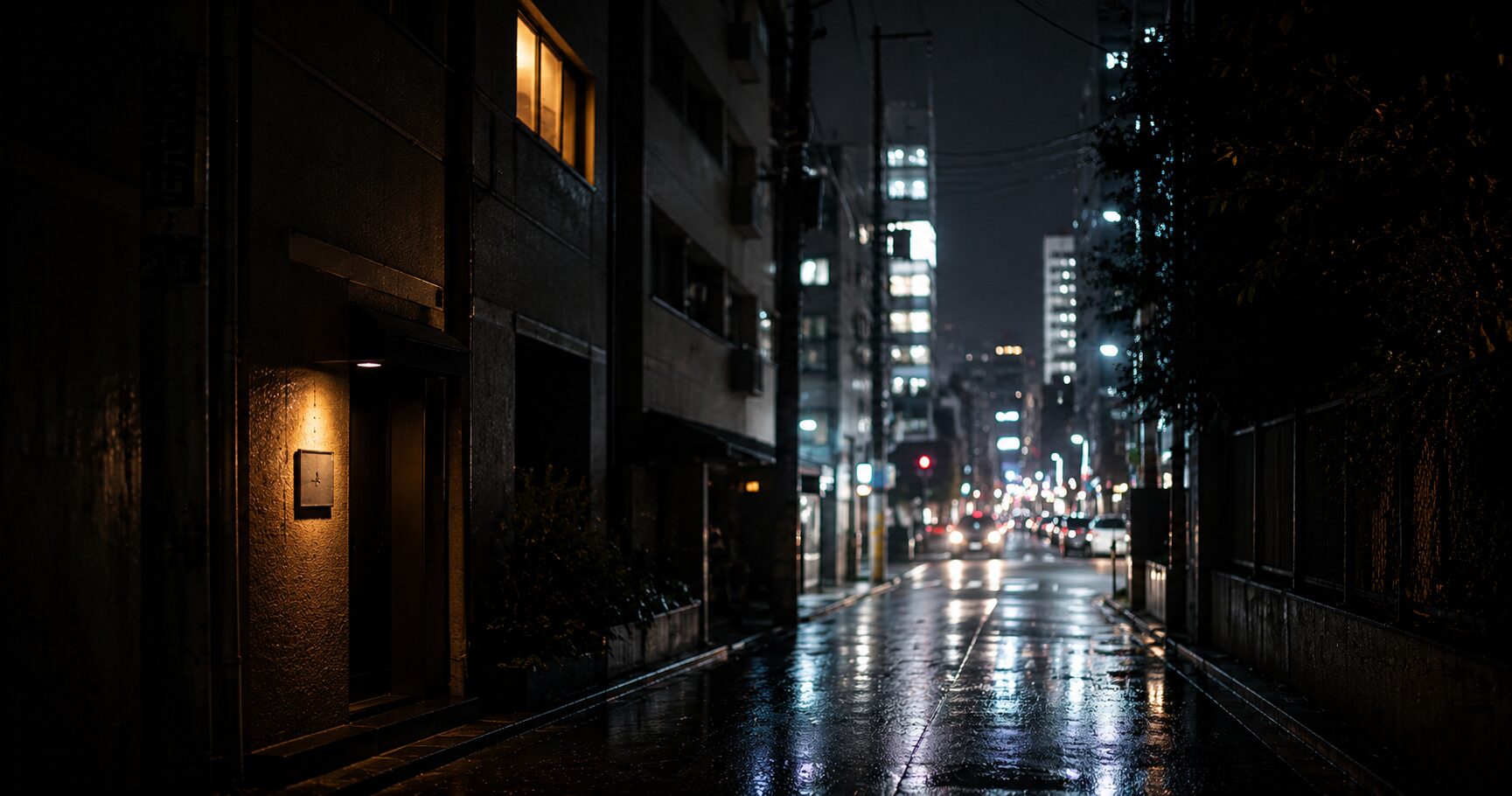大通りの光を背に静まり返った西麻布の路地と、雑居ビルの上階だけに灯る琥珀色の窓(西麻布のバーの選び方のイメージ)