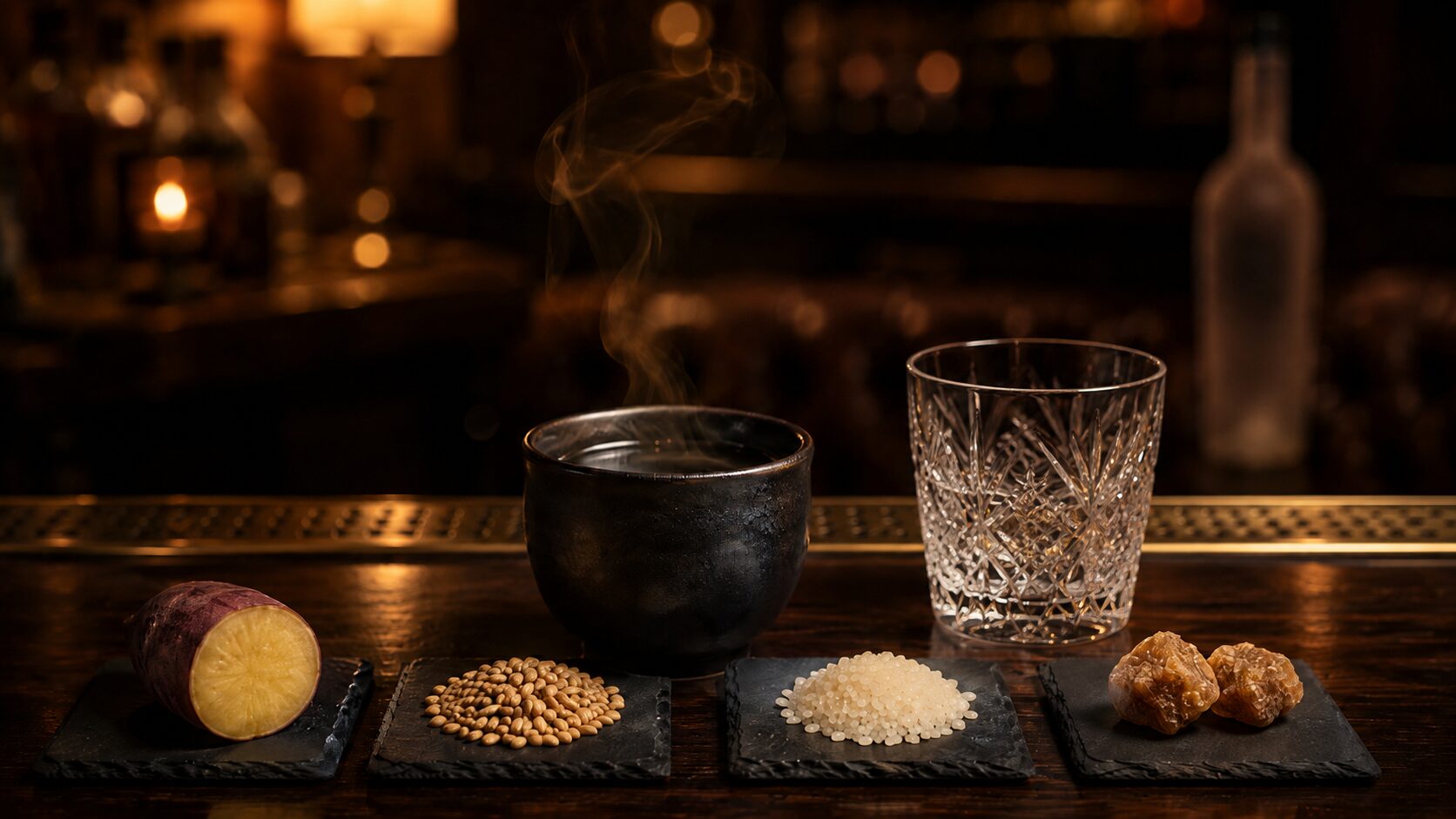 湯気の立つ黒い陶器のカップと、さつまいも・大麦・米・黒糖を並べた小皿(焼酎の原料別おすすめのイメージ)